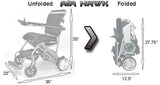 An image showing the stated dimension of the Air Hawk Foldable Power Wheelchair – Portable, ideal for travel. Unfolded 35"x23"x35". Folded 27.75"x12.5".