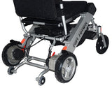 A focus on the wheels of the Air Hawk Foldable Power Wheelchair – Portable, ideal for travel